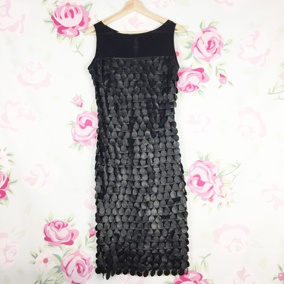 Petis Pois Black Faux Leather Mesh Tiered Layered Sheath Dress S - Picture 1 of 7